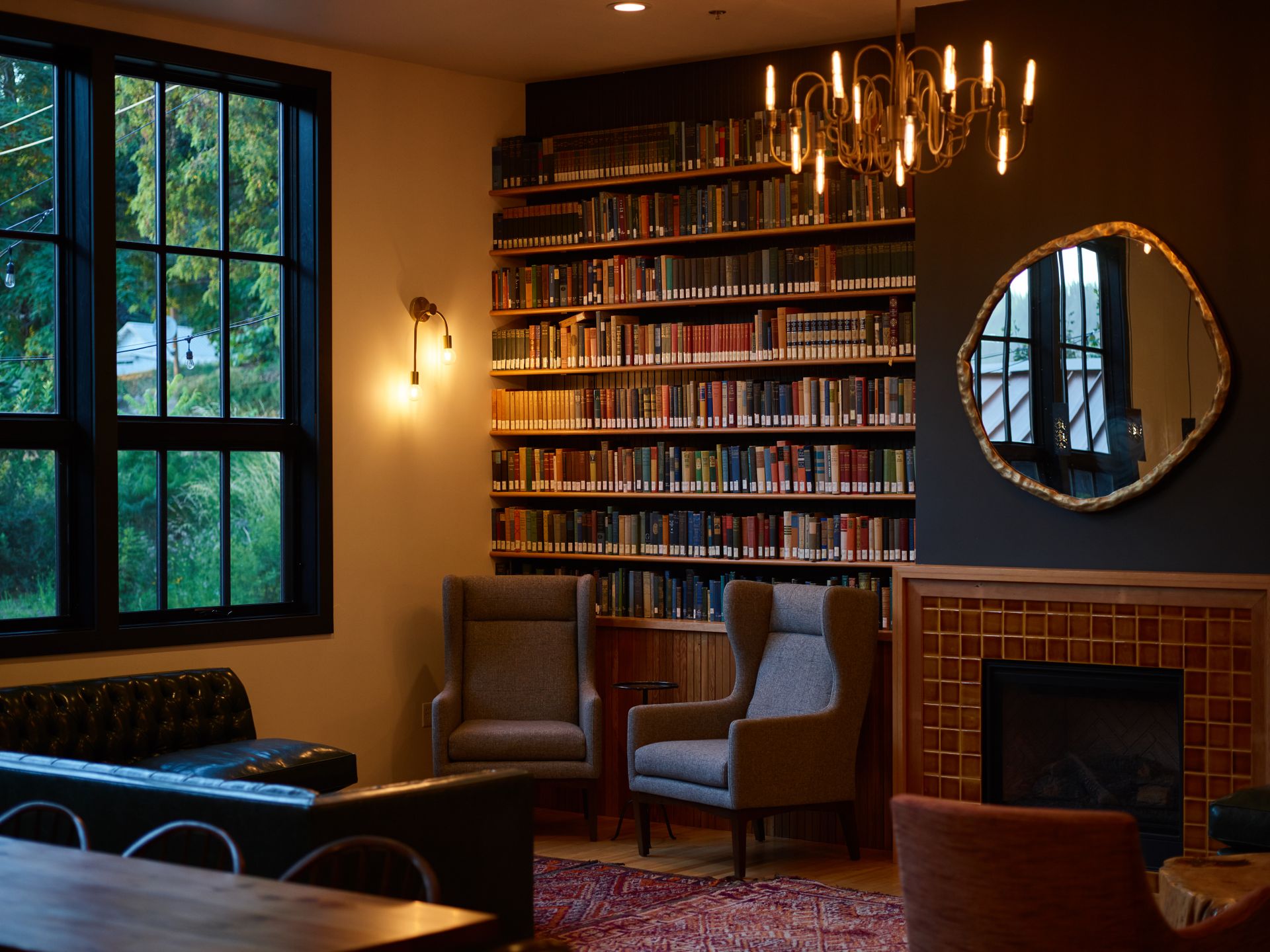 Cozy living room with built-in bookshelves and fireplace